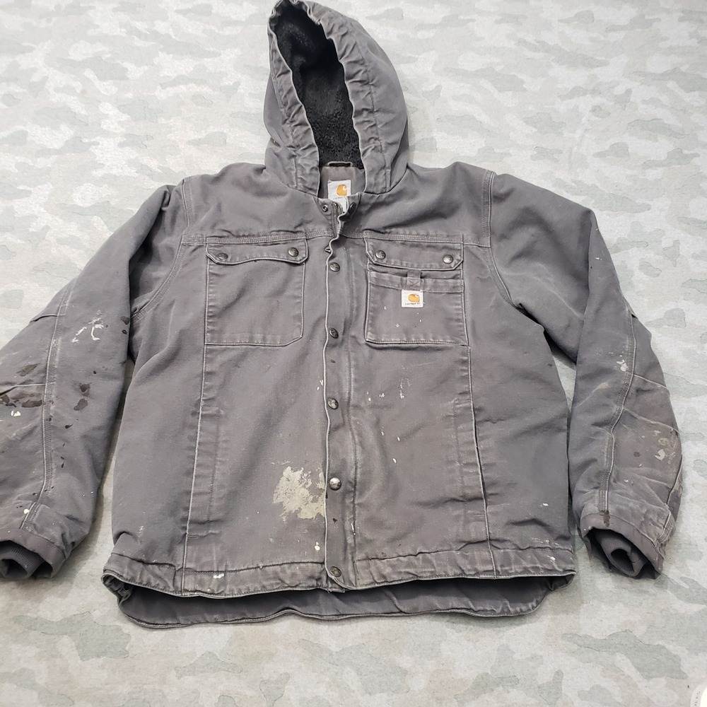 Carhartt Jacket Men Large Gray Sherpa Lined Hooded Canvas Workwear Full Zip Snap